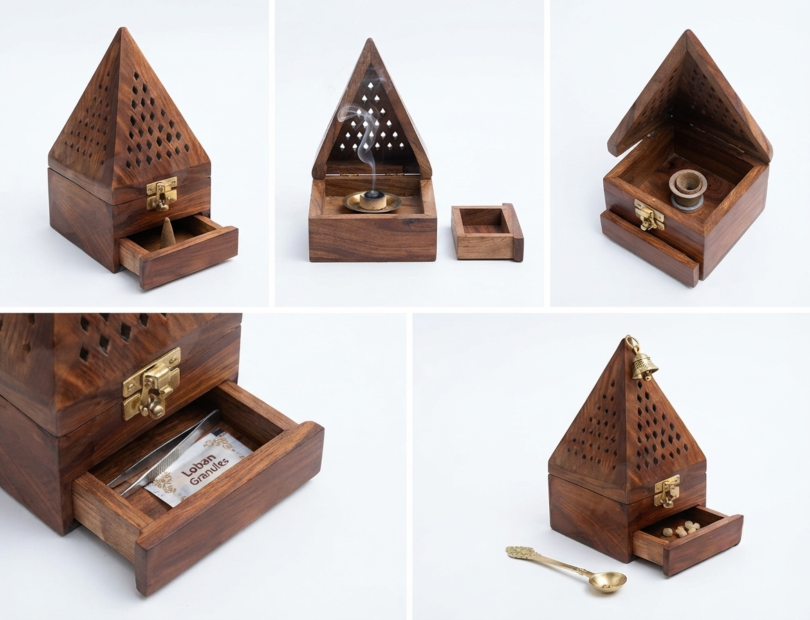 Premium Hand-Carved Sheesham Wood Pyramidal Loban Daan combo 2 / Dhoop Burner withStorage Drawer