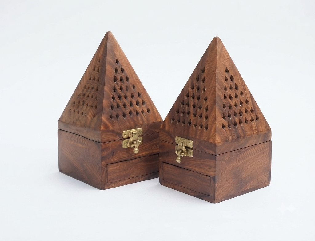 Premium Hand-Carved Sheesham Wood Pyramidal Loban Daan combo 2 / Dhoop Burner withStorage Drawer