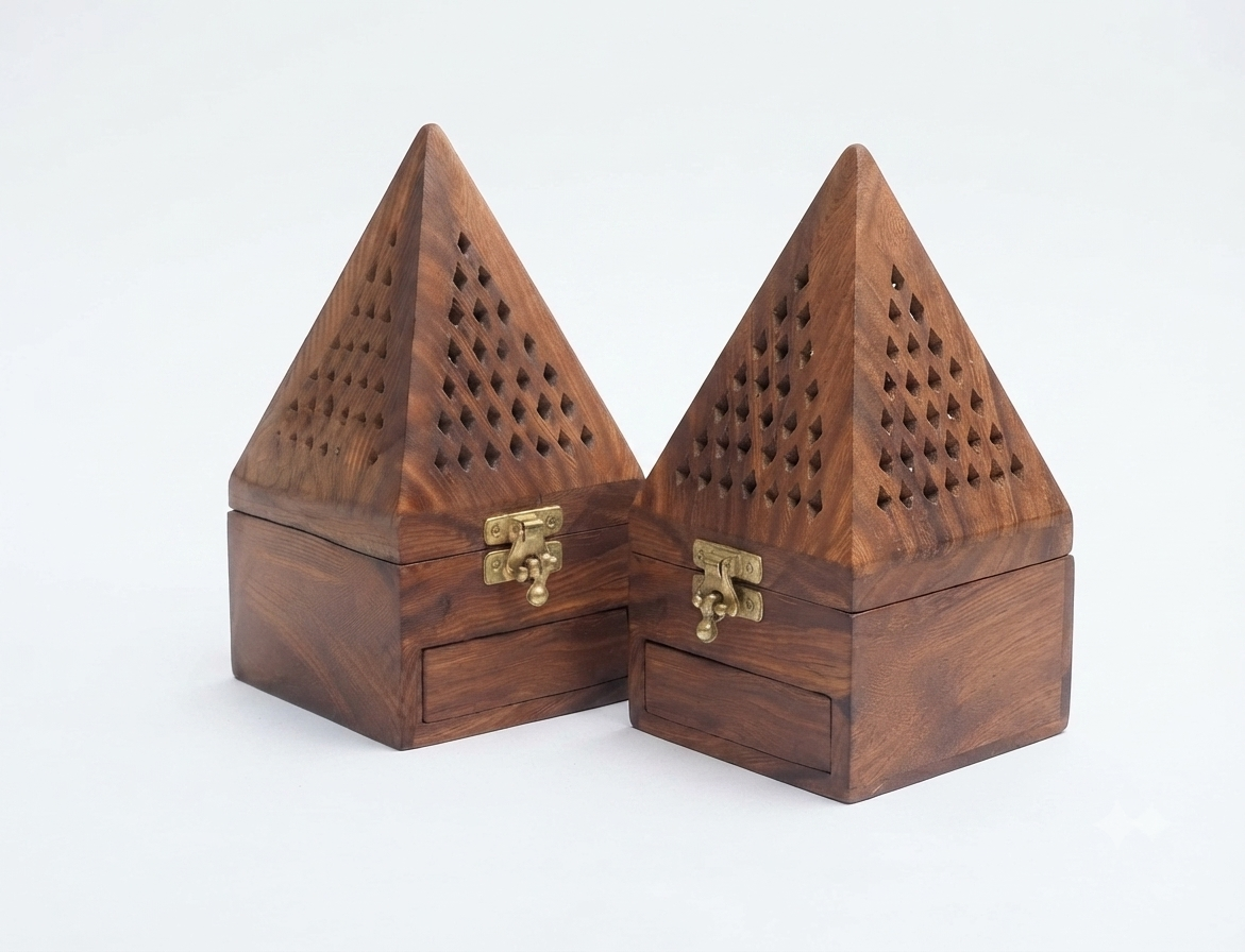 Premium Hand-Carved Sheesham Wood Pyramidal Loban Daan combo 2 / Dhoop Burner withStorage Drawer