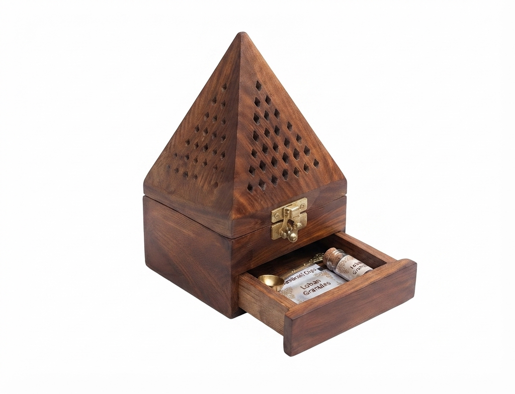 Premium Hand-Carved Sheesham Wood Pyramidal Loban Daan combo 2 / Dhoop Burner withStorage Drawer