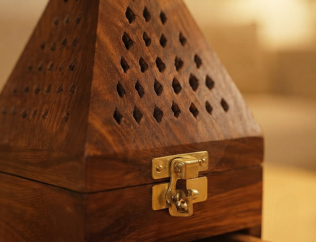 Premium Hand-Carved Sheesham Wood Pyramidal Loban Daan combo 2 / Dhoop Burner withStorage Drawer