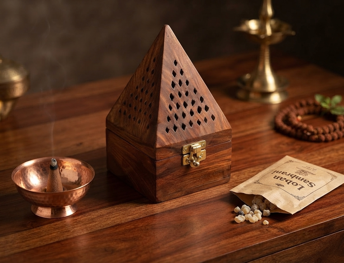 Premium Hand-Carved Sheesham Wood Pyramidal Loban Daan combo 2 / Dhoop Burner withStorage Drawer