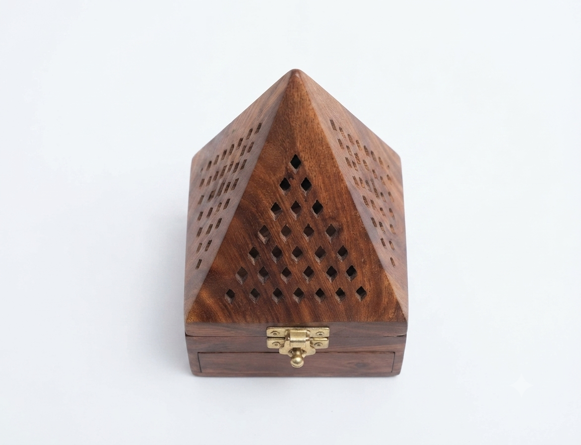 Premium Hand-Carved Sheesham Wood Pyramidal Loban Daan combo 2 / Dhoop Burner withStorage Drawer