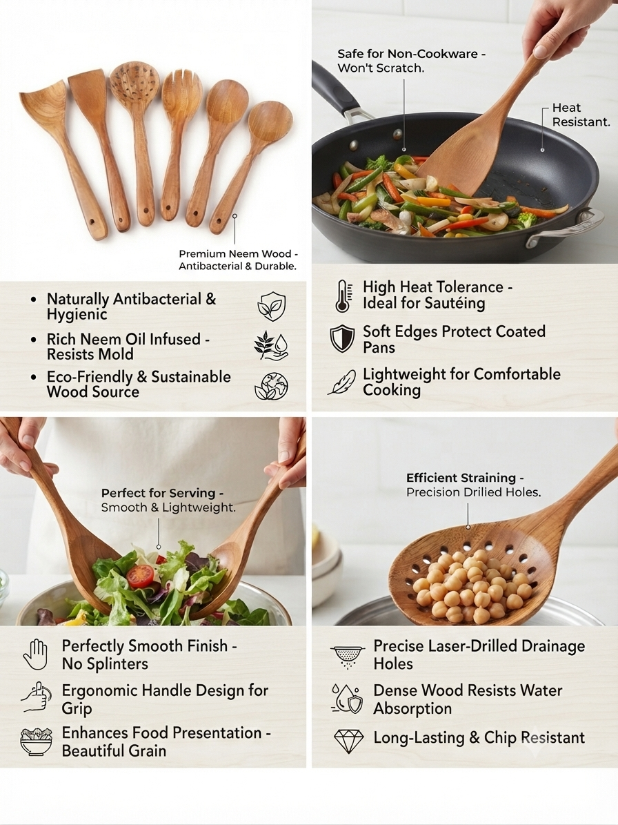 100% Natural neem Wood Kitchen Utensils Set of 11